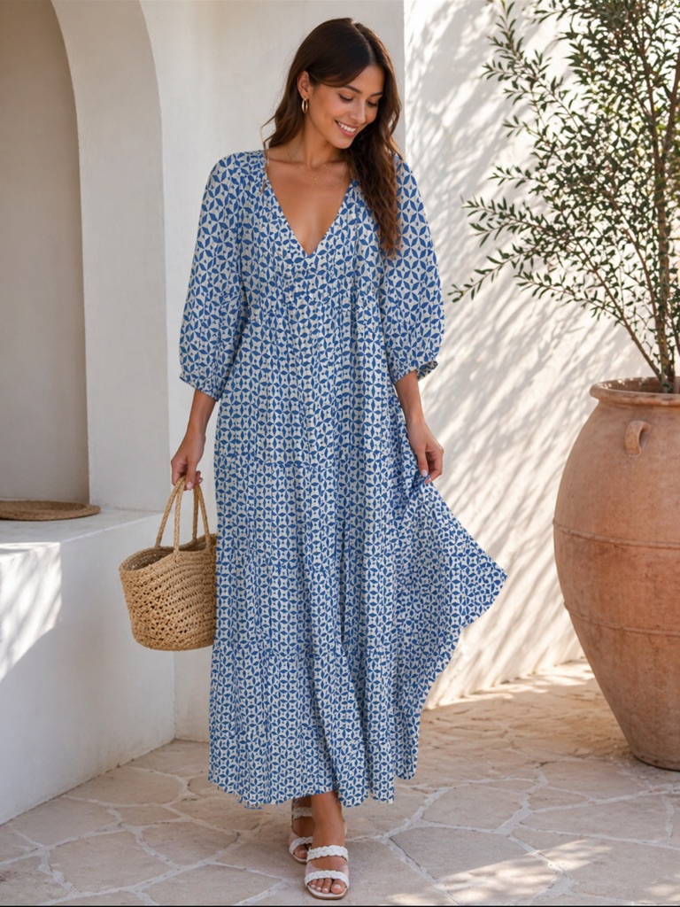 Melloday Blue White Print Maxi Dress Open Back 3/4 Sleeve Xl Nwt